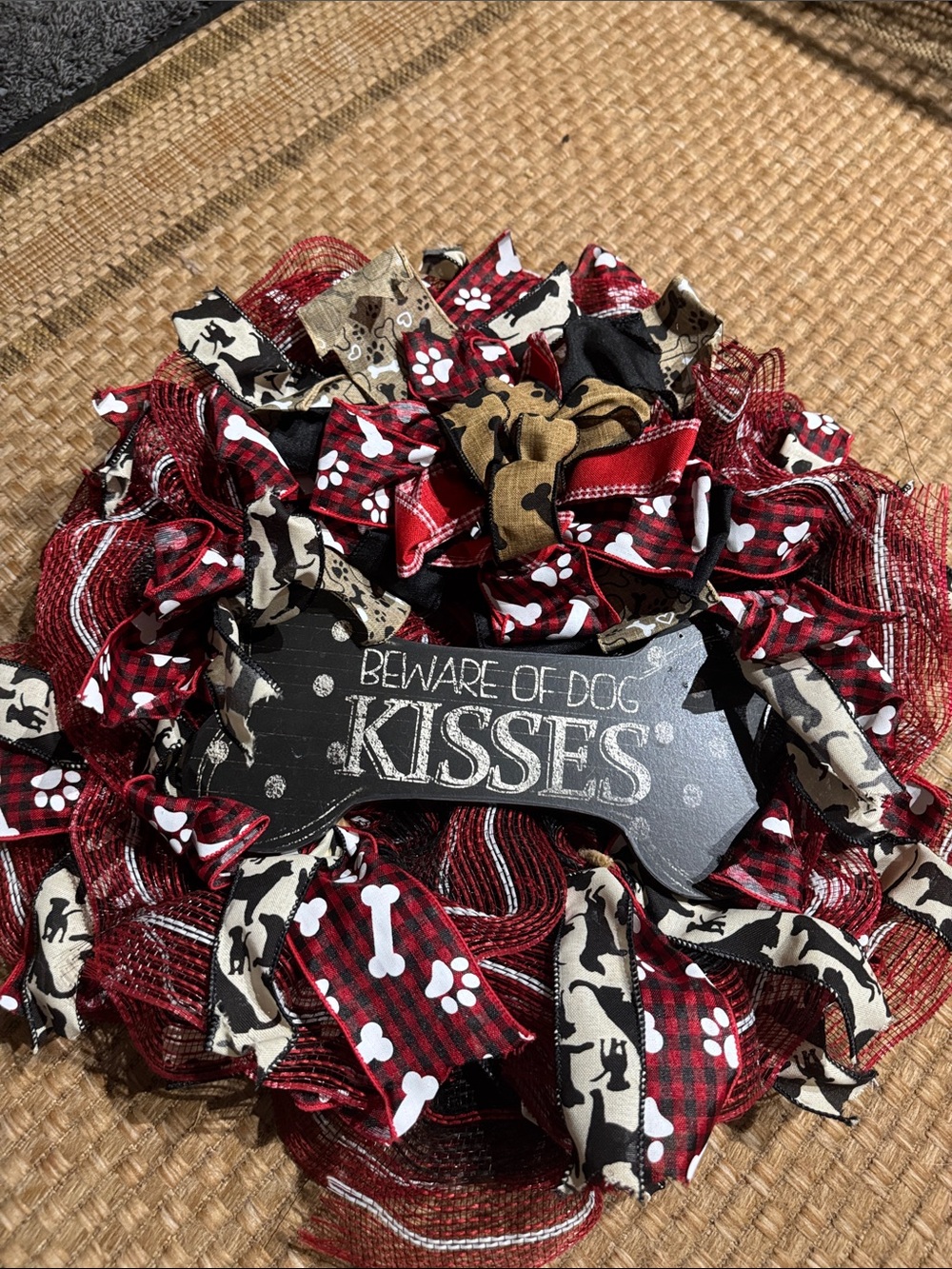 Beware of Dog Kisses Decorative Pet Wreath - Red, Black, Tan